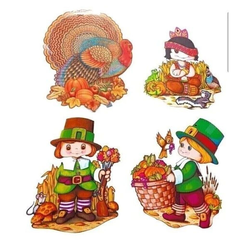 VTG 70s Beistle Thanksgiving‎ Cardboard Cutout Decorations Fall Autumn Lot Set